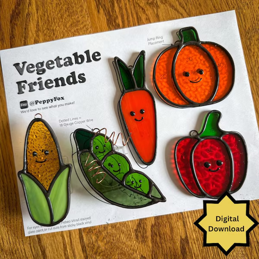 Vegetable Friends Stained Glass Pattern Collection | 5 Cute Garden Suncatcher Templates | Digital Download